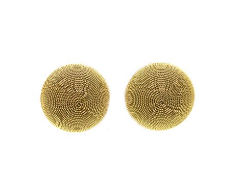 A pair of 18ct yellow and white gold circular domed bombé form earrings, composed of fine twisted wire. Partial back plate wi