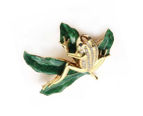 An 18ct gold diamond, emerald and enamel frog brooch, probably retailed by David Morris. The frog with lines of graduated bri