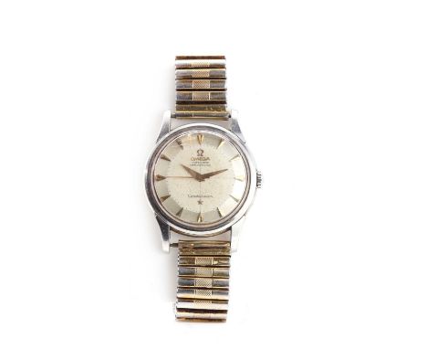 A gentlemen's stainless steel Omega automatic chronometer Constellation strap watch, c.1950,with a 34mm case. A silvered pie 