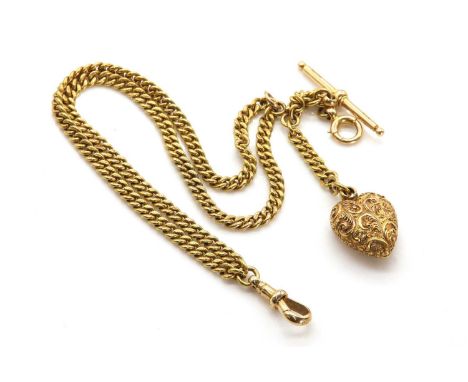 A 15ct Victorian curb link watch Albertine, with two rows of curb chain with a T-bar with an incised bead at each end and a s