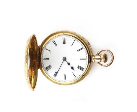 A 9ct gold side wide hunter pocket watch, by J W Benson,with a 50mm case. Plain front and back covers, with a white enamelled