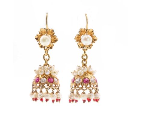 A pair of Indian high carat gold Jumka style synthetic ruby, synthetic white sapphire and seed pearl drop earrings,with cultu