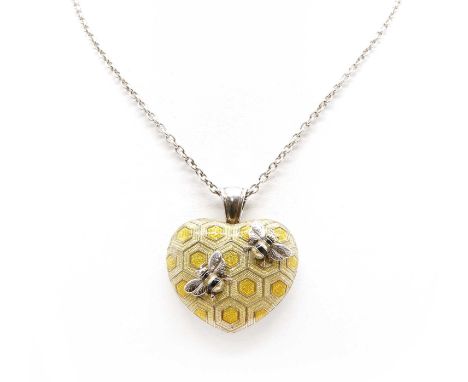 A sterling silver enamelled 'bee on honeycomb' pendant, by Theo Fennell, c.2011,a puffed heart with two tone yellow guilloche