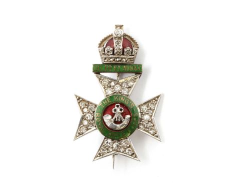 A cased regimental sweetheart diamond and enamel 'The King's Royal Rifle Corps' brooch,with a red and green enamel emblem to 