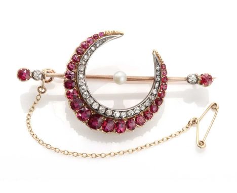 A late Victorian pearl, ruby and diamond crescent bar brooch, c.1890,with a central bouton shaped pearl to a plain collet in 