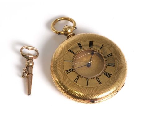 A gold Swiss half Hunter key wound fob watch,with the quarter signed Dent, London. The case 3.75mm diameter with a circular b