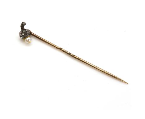 A Victorian pearl and diamond acorn stick pin,with a 3.60mm fully drilled pearl, peg set and a rose cut diamond set cap and s