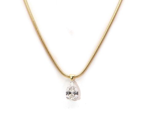 An 18ct two colour gold single stone diamond pendant,with a pear cut diamond of 1.81ct, three claw set to a plain white colle