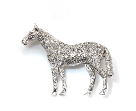 An 18ct white gold diamond set horse brooch, by Alabaster and Wilson,with graduated eight cut diamonds, pavé set throughout, 