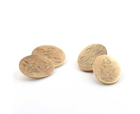 A pair of 9ct gold oval link cufflinks, by Cropp and Farr, c.1950,with a linear engraved crest for 'The Royal Rifle Corps, Pe