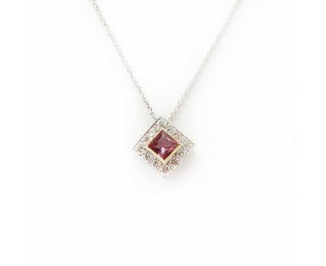 A pink sapphire and diamond square cluster slide pendant,with a princess cut pink sapphire, rub set to a plain yellow collet.