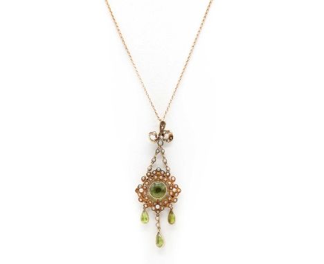 An Edwardian gold peridot and split pearl wreath form pendant,with articulated peridot drops, suspended on a gold trace link 