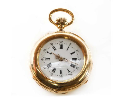 A French fob watch, c.1900,with a 30mm case. A white enamel dial with black Roman numerals and gold Louis XVI hands, hand eng