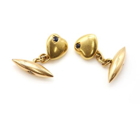 A pair of Edwardian sapphire and diamond chain link cufflinks,with a shallow puffed heart set to one corner, with an old Swis