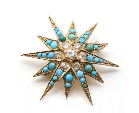 A late Victorian diamond set turquoise star brooch,with a central cluster of a brilliant cut diamond, surrounded by old Europ