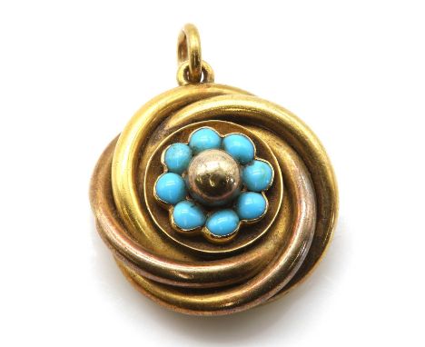A Victorian turquoise set pendant,with a central polished gold bead, surrounded by circular turquoise cabochon, rub set to fo