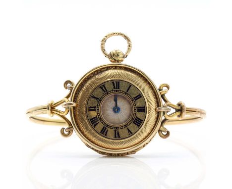 A Swiss gold key wound fob watch, by Aubert &amp; Capt, 29mm diameter, 18.23g, in a later wire bangle mount, tested as approx