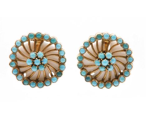 A pair of turquoise cluster earrings, c.1950,with a flower head cluster of cabochon turquoise claw set to the centre. Radiati
