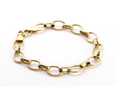 An Italian hollow gold oval hoop link bracelet,with oval joining links, end caps to a lobster claw clasp. Italian official na