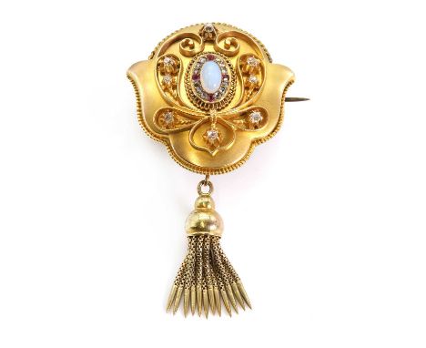 A Victorian opal, ruby and diamond shield form brooch,with a detachable tassel pendant drop. A central oval cabochon opal wit