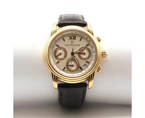 A gentlemen's 18ct gold Carl F Bucherer automatic 'Archimedes' skeleton black strap watch,2894-002, with a 38mm case. A silve