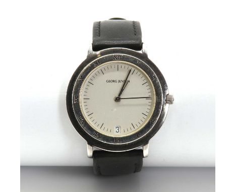 A gentlemen's sterling silver Georg Jensen automatic strap watch,no. 2373, with a 35mm case. A silvered dial with black baton