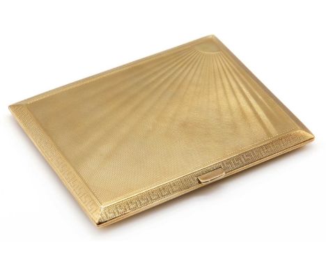 A 9ct gold Art Deco cigarette case, by B H Britton and Sons,of rectangular hinged form. An engine turned sun rise design to b