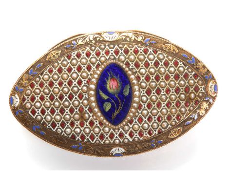 A French gold navette shaped hinged box,decorated with split pearls and polychrome enamel, c.1800. The lid decorated with a c