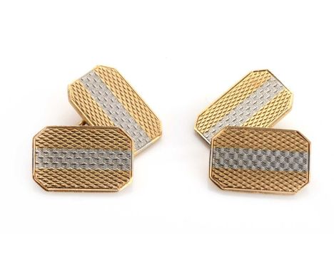 A pair of Art Deco rectangular cut corner chain link cufflinks,with a central white stripe with contrasting fine barley and l