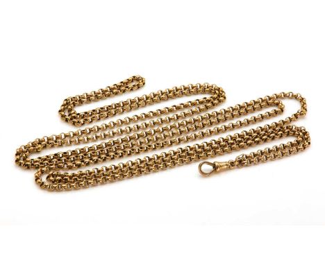 A Victorian belcher link guard chain, c.1900, with a swivel clip to one end. Marked JM 9c. Tested as approximately 9ct gold. 
