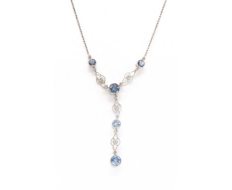 A cased Art Deco aquamarine and diamond Edna May necklace,with a centrepiece composed of graduated circular mixed cut aquamar