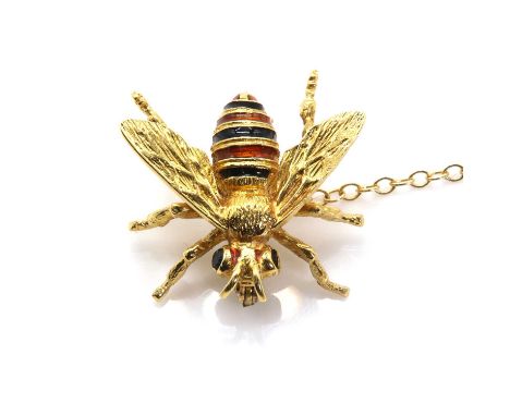 An 18ct gold enamelled bee brooch,with faceted sapphire eyes, and a red and black striped enamel abdomen, with textured wings