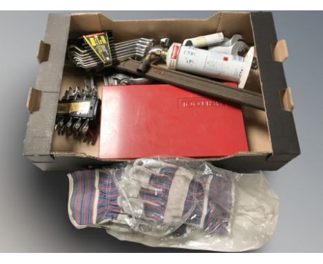 A quantity of tools including ring spanner set, blow torch, wrench, Brightool 14 piece socket set in box 