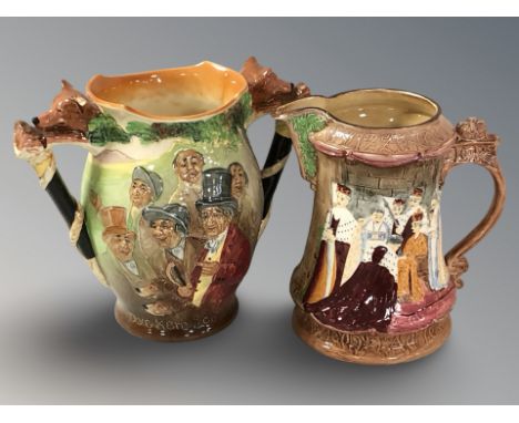 A Royal Doulton John Peel twin handled cup, number 19 of 500 (foxes ear chipped), height 23 cm and a further Burleigh Ware ju