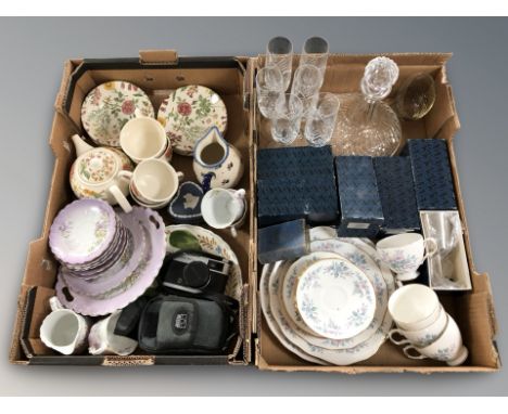 A Colclough part tea set, two further part tea sets, Olympus camera, boxed Old Hall Goblets, ship's decanter etc (2 boxes) 