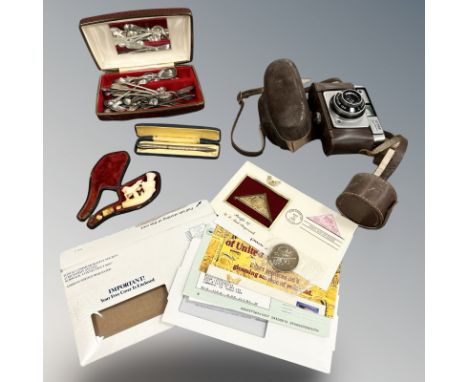A Meerschaum pipe in case, silver yard-o-lead pencil, assorted EPNS tea and caddy spoons, Ilford Sportsman camera, an America