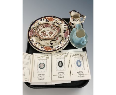A group of Wedgwood Jasperware plaques, Masons Mandalay plates and bowls, Maling blue lustre jug and bowl.