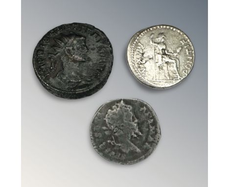 Three Ancient Roman coins, comprising Diocletian (284-305AD) Antoninius, 3.8g, 21mm, a Tiberius denarius, plus one other (3)