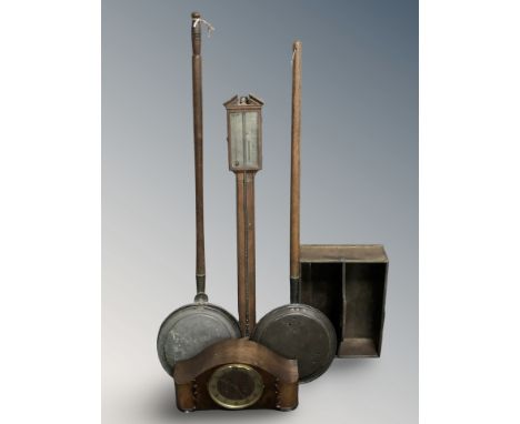A mahogany stick barometer, Georgian cutlery tray, mantel clock and two copper bed warming pans 