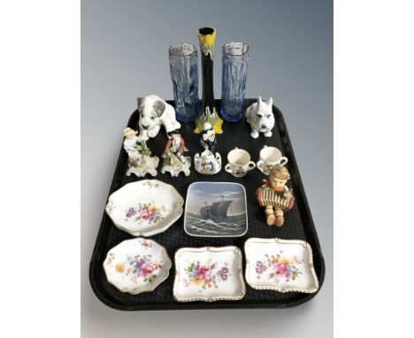 Four Royal Crown Derby porcelain dishes decorated with floral sprays, a pair of Sitzendorf figures of a boy and girl pruning 