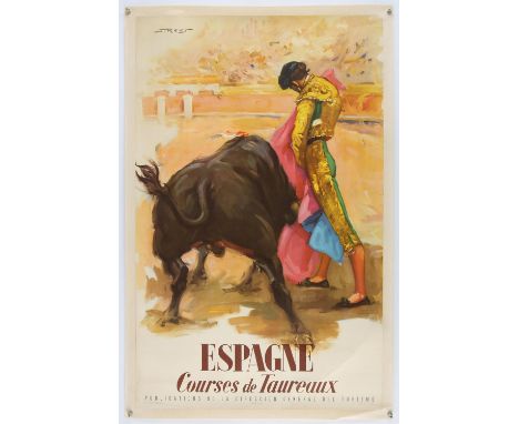 Espagne Courses de Taureaux (Spain Running of the Bulls) (1950s), 39 x 24.5 inches, linen backed, 41 x 26.5 inches on backing