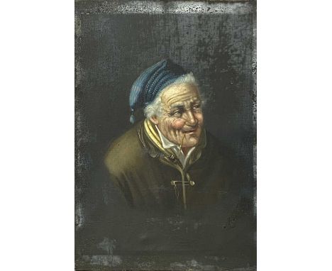UNKNOWN CONTINENTAL oil on canvas - head and shoulder portrait of a man in blue cap, smoking a pipe, indistinctly signed, 38.