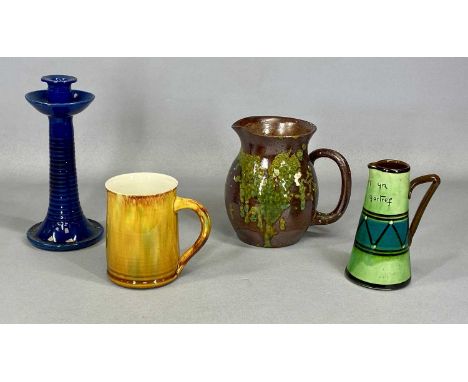 EWENNY POTTERY GREEN / BROWN MOTTLE GLAZED JUG, 16.5cms (h), yellow / green glazed tankard 'Iechyd Da', 12cms (h), both with 
