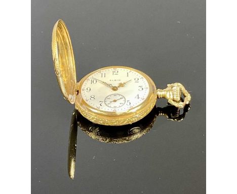ELGIN 14CT GOLD CASED FULL HUNTER FOB WATCH, keyless, signed white enamel dial with Arabic numerals and subsidiary seconds di