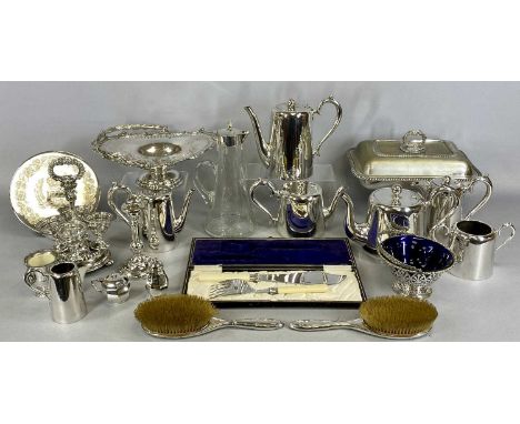 ASSORTED PLATED ITEMS, including four-piece EPNS tea service, four-piece EPNS coffee service, egg cruet, fish servers in case