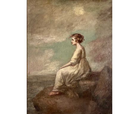 UNKNOWN 19TH CENTURY oil on canvas - portrait of a lady in a cream dress seated on a rock, 'Elizabeth Johnson' on handwritten
