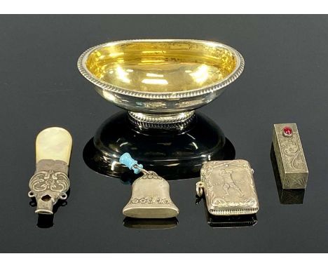 ASSORTED SILVER ITEMS, Georgian oval silver open salt with gadrooned rim and foot, gilded interior, hallmark rubbed, 12.5 x 7