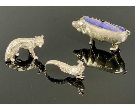 MINIATURE SILVER COLLECTABLES, including a pig-form pin cushion, W.J. Myatt & Co., Birmingham 1909, inscribed 'May 1915' to s
