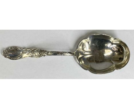 ART NOUVEAU STERLING SILVER SERVING SPOON in intricate Rouen pattern with Gorhan silver marks, 1892, 22cms (l), 94gms, design