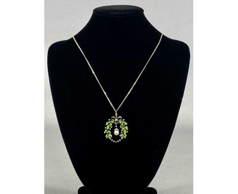 VINTAGE GARLAND PENDANT, yellow metal, diamond set green enamelled oak leaves, pearl and diamond central acorn drop, 30 x 25c